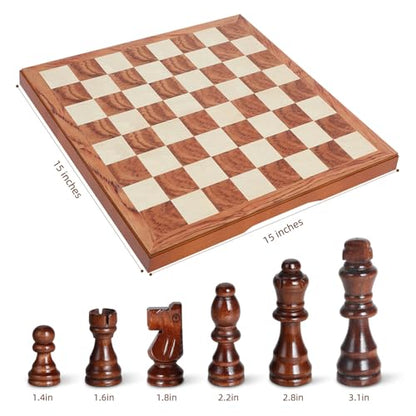 FanVince Chess Set 15" Wooden Board Game - Wood Sets with 2 Storage Bags and 2 Extra Queens - Gifts Box for Men Dad - color: Rosewood Texture