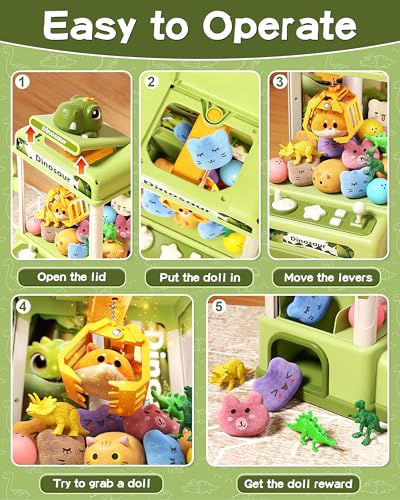 STACTCUTE 32PCS Dinosaur Claw Machine for Kids, Mini Vending Machine with Music & Adjustable Volume, Electronic Arcade Game Prize Dispenser for Birthday Toys Gifts Age 3+ (Small) - size: Small