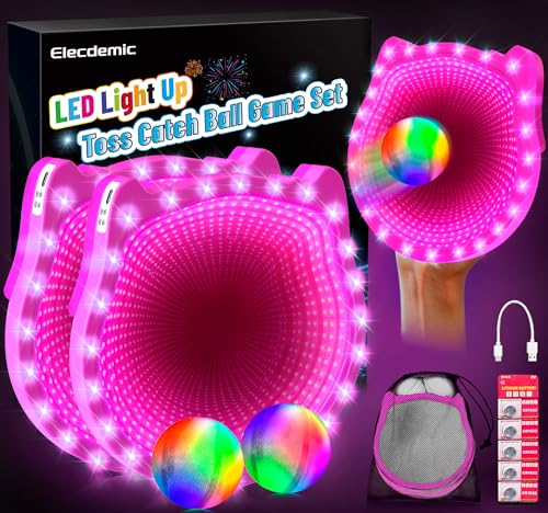 3D LED Light Up Toss Catch Ball Game Set Toys for Back Yard Outdoor Party Favors Glow in Dark Sticky Paddle Baseball Gift Age 5 6 7 8 9 10 11 12 Years Old Girls Boy Kid Family Adult - color: Pink 2 Paddle 2 Balls
