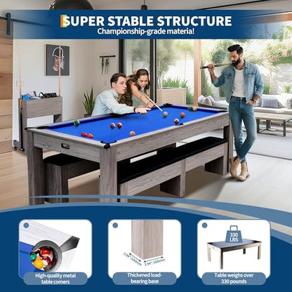 7FT 3-in-1 Pool Table - Convertible Billiard, Dining Table & Ping Pong | Includes Rolling Storage Cart, Cue Sticks, Balls, Table Tennis Set | Space-Saving Game Table for Home & Game Rooms - color: Blue