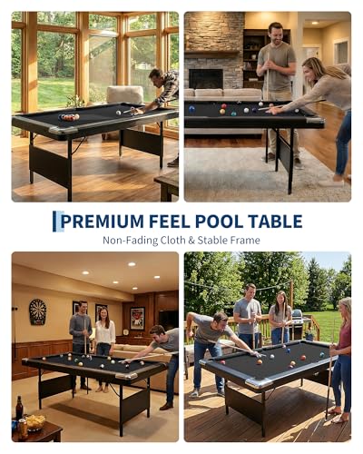 7 Foot Pool Table for Family, Foldable No Assembly Pool Table with Balls, Cues, Chalk, Rack & Brush, Portable Billiards Game Table for Apartment, Basement, Office & Game Room - size: Black-7FT
