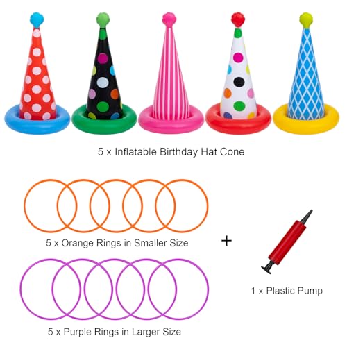 Inflatable Ring Toss Game, Birthday Party Games Ring Toss Game for Kids Adults Birthday Party Decorations Lawn & Yard Games Toys for Family 5-Pack with 10 Plastic Rings