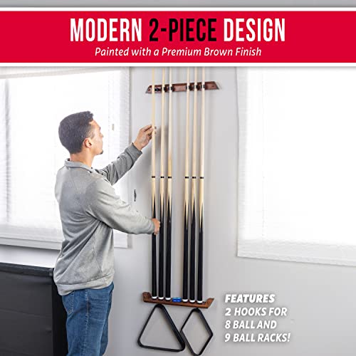 GoSports Wall Mounted Pool Cue Stick Holder - Holds 6 Cues and 2 Triangle Racks - Multiple Colors Available - style: Brown