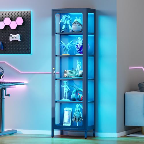 69" Glass Display Cabinet with Lock & 13-Color LED Lights, 5-Tier Locking Metal Cabinet with Adjustable Shelves, Secure Showcase for Collectibles, Action Figures, Trophies (Blue) - color: Blue | 3-sided Display, size: 19.7"W (50cm)