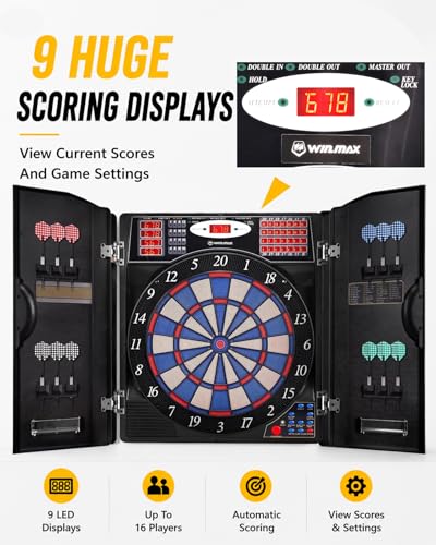 WIN.MAX Electronic Dart Board, Soft Tip Dartboard Cabinet Set for Adults, LED Scoring Dartboard with 38 Games & 211 Variants, Up to 16 Players, 12 Darts+40 Tips, Wall Mount for Bar Game Room Man Cave - style: Silver