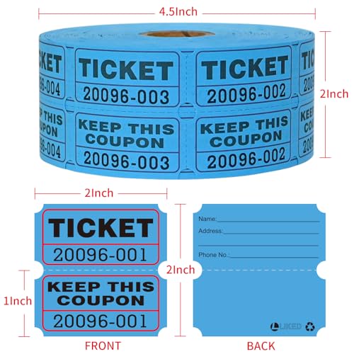 L LIKED Raffle Tickets Double Rolls 1000 Per Roll 50/50 Raffle Tickets for Events,Carnivals, Entry, Class Reward, Prizes(Blue) - color: 1000 Blue