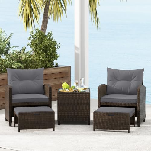 Tangkula 5 Pieces Patio Conversation Set, PE Wicker Rattan Outdoor Furniture Set with 2 Chairs, 2 Ottomans & Tempered Glass Coffee Table, Ideal for Poolside, Backyard, Lawn, Deck, Mix Brown & Grey - color: Mix Brown & Grey