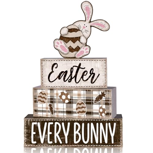 DIYDEC 4Pcs Easter Tabletop Decorations Rabbit Wooden Block Signs Bunny Tiered Tray Decor Happy Easter Centerpiece Farmhouse Wood Bunny Table Sign for Kitchen Home Office Party Decor - style: Pink Rabbit