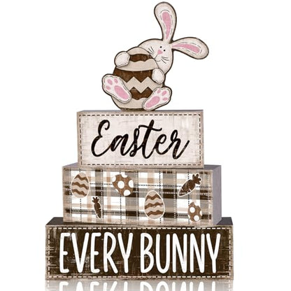 DIYDEC 4Pcs Easter Tabletop Decorations Rabbit Wooden Block Signs Bunny Tiered Tray Decor Happy Easter Centerpiece Farmhouse Wood Bunny Table Sign for Kitchen Home Office Party Decor - style: Pink Rabbit