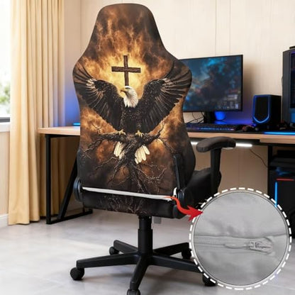 Suobstales Eagle Cross Fire Pattern Gaming Chair Cover, Removable Office Chair Cover with Zipper, Stretch Anti-dust Universal Washable High Back Computer Seat Protector for Pets - color: Eagle Cross Fire