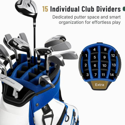 uniHimal Golf Cart Bag, 15 Way Organizer Divider Top with Handles | 15 Separate Compartments,Extra Storage Pockets,Rain Cover,Comfortable carry handles,Tough Abrasion‑Resistant Materials - color: Blue-White