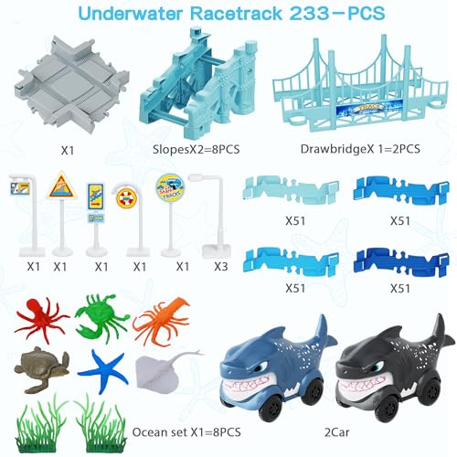 Track Race Car Toys for Kids, Create A Ocean World Race Road, Flexible Tracks Playset & 2PCS Cool Shark Cars, Toddler Toys Birthday Gifts for Age 3 4 5 6 Year Old Boys Girls - color: Blue-shark