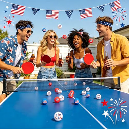 HOWAF 18pcs 4th of July Table Tennis Balls, 40mm Independence Day Ping Pong Balls, Patriotic Red White and Blue Table Tennis Ball America Flag Star Plastic Ball for USA 1776–2026 Birthday Gift