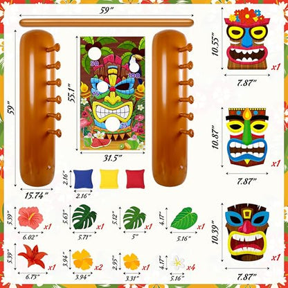 2 Sets Hawaiian Luau Party Decorations – Summer Tiki Theme Inflatable Limbo with Toss Game Set for Adults, Pool Party, Tropical Beach Birthday Accessories