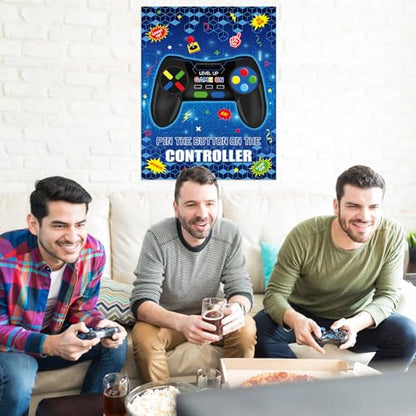 Faccito Pin The Button on The Video Game Birthday Games Set Video Game Poster with 24 Button Stickers 2 Games Controller Blindfolds for Birthday Party Wall Home Room Decorations Activities Supplies - style: Video