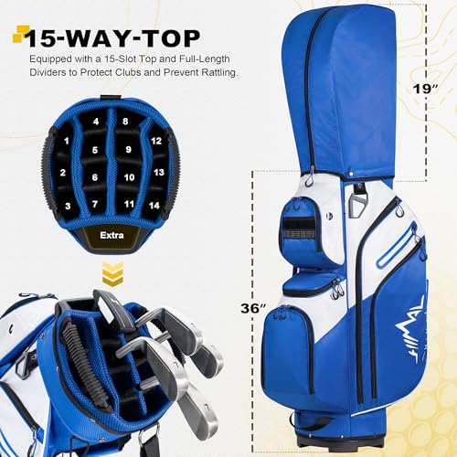 uniHimal Golf Cart Bag, 15 Way Organizer Divider Top with Handles and Rain Cover - color: Blue-White