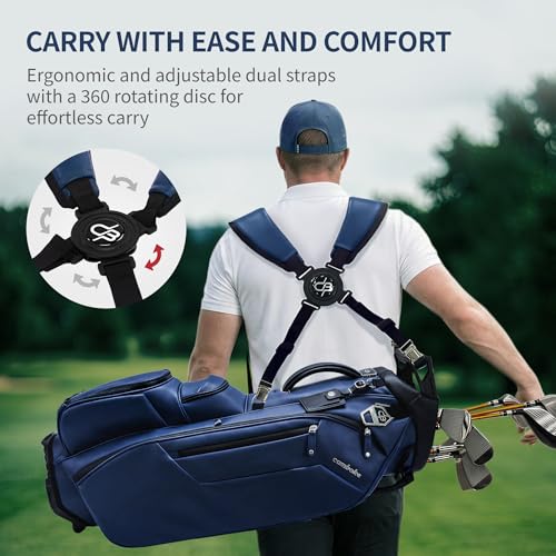 Luxury Faux Leather Golf Stand Bag, 4-Way Full-Length Divider Golf Bag with Carbon Fiber Stand, Cooler Pocket, Ergonomic Straps, Magnetic Pocket, Golf Club Bag with Rain Hood for Men/Women - color: Navy
