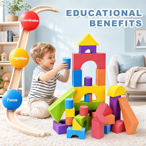 Large Building Foam Blocks for Toddlers, EVA Stacking Foam Building Blocks Toy Set, Non-Toxic, Washable, Early Learning Construction Toys & Gifts for Kids Boys & Girls (Blue, Pieces, 30)