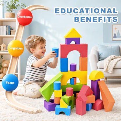 Large Building Foam Blocks for Toddlers, EVA Stacking Foam Building Blocks Toy Set, Non-Toxic, Washable, Early Learning Construction Toys & Gifts for Kids Boys & Girls (Blue, Pieces, 30)