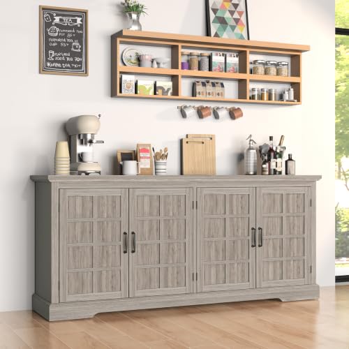 Bigbiglife 70.2" Wood Buffet Cabinet, Farmhouse Buffet Sideboard Cabinet with 4 Doors and Adjustable Shelves, Coffee Bar Wine Bar Storage Cabinet for Kitchen, Living Room, Grey - color: Grey