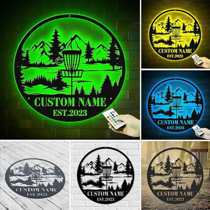 Custom Disc Golf Player Metal Wall Art LED Lights with Name – Personalized Disc Golf Sign for Bedroom, Garage, Boys Room, Sports Themed Gift for Dad, Remote Control Light Model-Disc03 - color: Model-Disc03