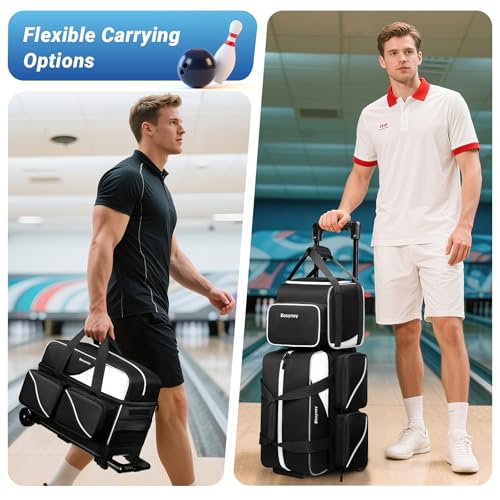 Bosynoy 3 Ball Bowling Bags with Wheels, Single Ball Tote+2 Ball Bowling Bag with Shoe Compartment (Up to US Men Size 16), Bowling Ball Bag 3 Ball Roller with Insulated Pockets, Black