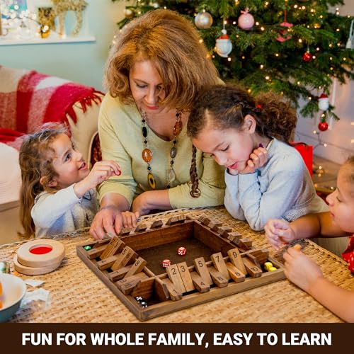 ropoda 14 Inches 4-Way Shut The Box Game (2-4 Players) for Kids & Adults (4 Sided Large Shut the Board Game Wooden, 8 Dice) – Vintage Style,Close the Box Game,dice Game