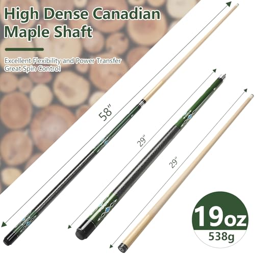 Pool Cue, 58" Pool Cue Sticks for Adults with 13MM Tips Canadian Maple Wood Leather Pattern Grip 18 19 20 21 oz, Professional Billiard Cues Players for Bar House Pool Table Sports 8/9 Ball - style: Green 19oz