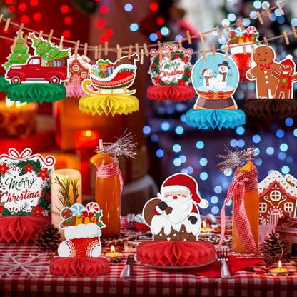 Merry Christmas Party Decorations Bundle - Includes Festive Christmas Honeycomb Centerpieces ，Santa Claus Snowman Table Toppers, Perfect for Classroom Decor, Christmas & Winter Birthday Party Supplies - style: Christmas