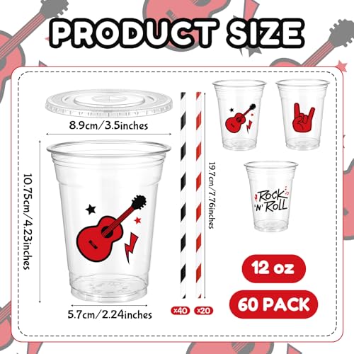 Newtay 60 Pcs Rock and Roll Cups Bulk 12oz Guitar-themed Plastic Cups with Lids Straws Retro Music Party Favors for Birthday Baby Shower Music Parties Decorations - style: Rock