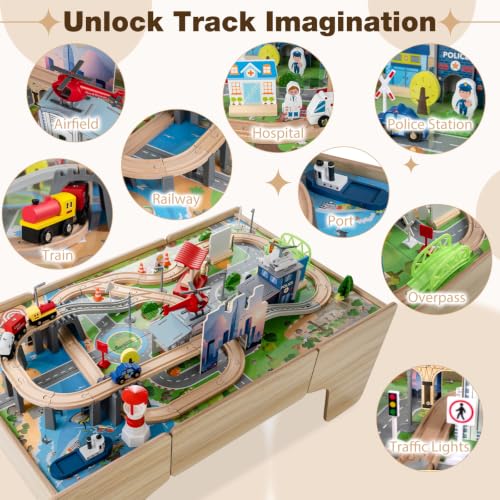 Costzon 110-Piece Wooden Train Table with Drawer for 3+ Years Old Toddlers | 3-in-1 Kids Activity Play Set w/ Reversible Tabletop, Storage Space, Train Tracks, Figures, Vehicles, and Buildings - size: 42" x 25" x 16" (L x W x H)