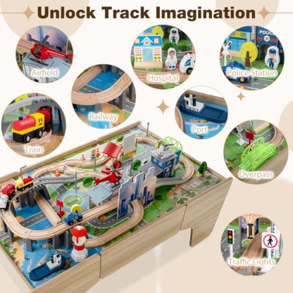 Costzon 110-Piece Wooden Train Table with Drawer for 3+ Years Old Toddlers | 3-in-1 Kids Activity Play Set w/ Reversible Tabletop, Storage Space, Train Tracks, Figures, Vehicles, and Buildings - size: 42" x 25" x 16" (L x W x H)
