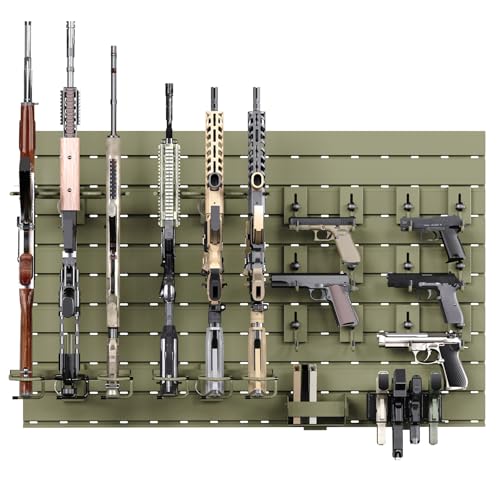 Wall Rack System - Aluminium Heavy-Duty Tactical Storage for Rifles, Carbines, Shotguns & Handguns, Modular Slatwall Organizer Holds up to 6 Rifles, 10 Pistols & 4 Mags - color: Olive Drab Green, size: 10x Panels (Including Gun Accessories)