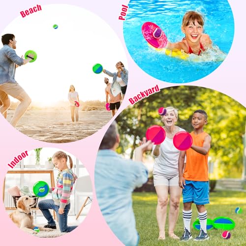 Toss and Catch Ball Game Set, 4 Paddles and 4 Balls Outdoor Paddle Catch Game for Kids, Backyard Beach Pool Yard Toy, Summer Birthday Gift for Boys Girls Ages 4-12 - color: Green Blue+pink Purple