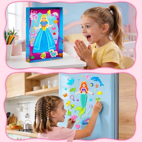 Magnetic Dress Up Dolls Girls Toys Princess Mermaid Fairy Ballerina Fridge Magnets Puzzles Toddlers 3-5 Pretend Play Car Road Trip Airplane Travel Games Activity Birthday Gift 3 4 5 6 7 8 Gilr Boy