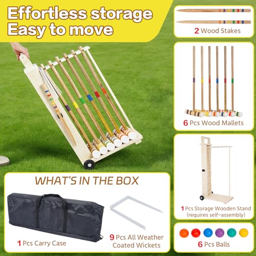 6 Player Croquet Set for Adults with Wooden Stand - 28 Inch Professional Outdoor Lawn Game Includes 6 Rubberwood Mallets & Balls, Steel Wickets - Backyard, Garden, Park Games