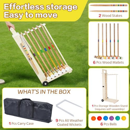 6 Player Croquet Set for Adults with Wooden Stand - 28 Inch Professional Outdoor Lawn Game Includes 6 Rubberwood Mallets & Balls, Steel Wickets - Backyard, Garden, Park Games