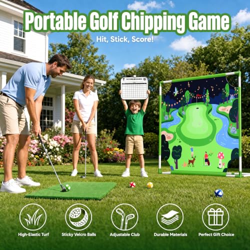 Owine Golf Chipping Game Set, 70" x70'' Double Sided Golf Hitting Mat with 2 Clubs and 20 Sticky Balls, Indoor Outdoor Golf Practice Game for Adults Kids, Home Sport Party/Backyard Party Activity