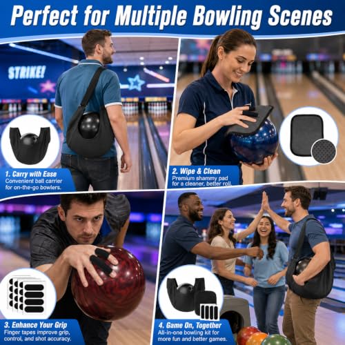 RAINFLOW 18PCS Bowling Accessories for Men Women - 1PC Bowling Ball Bag,1PC Towel and 16PCS Thumb Tape,Black BowlingBall Cleaner and Polisher