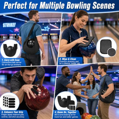 RAINFLOW 18PCS Bowling Accessories for Men Women - 1PC Bowling Ball Bag,1PC Towel and 16PCS Thumb Tape,Black BowlingBall Cleaner and Polisher