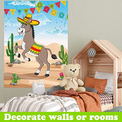 PLULON Pin The Tail on The Donkey Birthday Games for Kids Mexican Donkey Game Poster with Tail Stickers Donkey Party Favors Carnival Birthday Fiesta Home Wall Decor Classroom Family Activities - style: Mexican Donkey