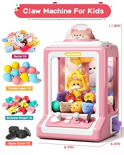 Claw Machine for Kids, Mini Vending Machine with Game Coins & Music, Prize Dispenser Toys for Girls and Boys, Electronic Claw Game Machine for Party Birthdays, Includes 35 Mini Toys (Doggy Pink) - style: Doggy Pink