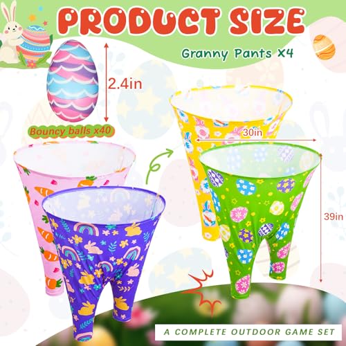 Easter Granny Pants Yard Game, 4 Pcs Outdoor Party Giant Granny Pants with 40 Pcs 2.4 Inch High-Bounce Easter Egg Balls, No Inflation Needed, Outdoor Toss Game for Backyard Family Reunion