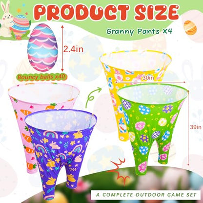 Easter Granny Pants Yard Game, 4 Pcs Outdoor Party Giant Granny Pants with 40 Pcs 2.4 Inch High-Bounce Easter Egg Balls, No Inflation Needed, Outdoor Toss Game for Backyard Family Reunion