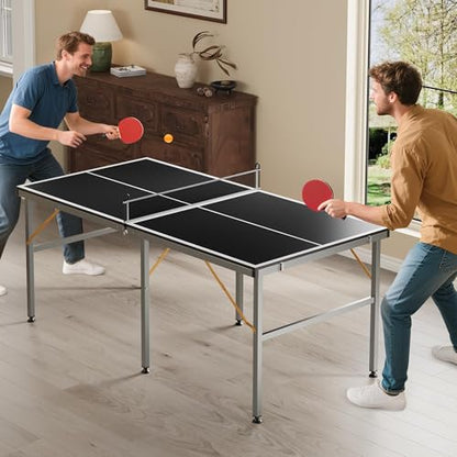 Foldable Ping Pong Table, 6FT Mid-Size Table Tennis Game Set,Portable Ping Pong Tables with Net, 2 Table Tennis Paddles and 3 Balls,Instant Setup,No Assembly Required - color: Black