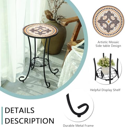 VCUTEKA Outdoor Side Table Mosaic Patio Table Accent Tables Mosaic Tile Top Metal Frame Small End Tables Porch Beach Patio Garden Balcony Tan - color: Tan