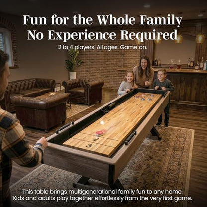 Hathaway Excalibur 9-Ft Shuffleboard Table for Great for Family Recreation Game Rooms, Designed with a Rustic Driftwood Finish with Built-In Leg Levelers, Includes 8 Pucks, Table Brush and Wax