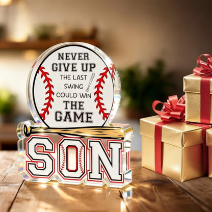 Baseball Gifts for Son from Mom Dad, Fathers Day Birthday Graduation New Job Gifts for Him Teen Boys Adults Son in Law Bonus Step, Acrylic Baseball Desk Plaque Sign to My Best Son Birthday Present