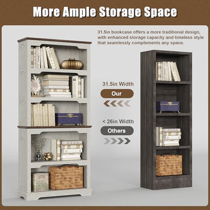 70 inch Tall White Bookcase Bookshelf, 5-Tier Open Storage Shelf, 31.5'' Wide Standing Bookshelves for Home, Office, Bedroom, School, Library, 31.5W * 11.81D (White Espresso, Open Storage) - color: White Espresso