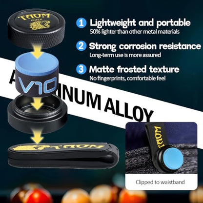 TAOM Upgrade Pool Chalk Holder Round Shaped Practical Tool Billiards Accessories Magnetic Mini Chalk Tip Case Container Round Box Billiards,Cue Tip Tool Scuffer Shaper - color: 1-Gift Set-Black with V10 Blue